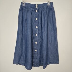 Button-Front Blue Denim Midi Skirt